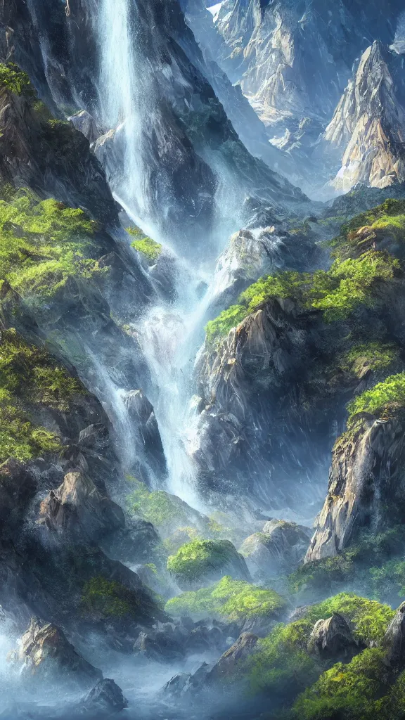 Image similar to highly detailed hd photo art of futuristic mountains and waterfall in the style of Greg Rutswoski, concept art, 8K detail post-processing