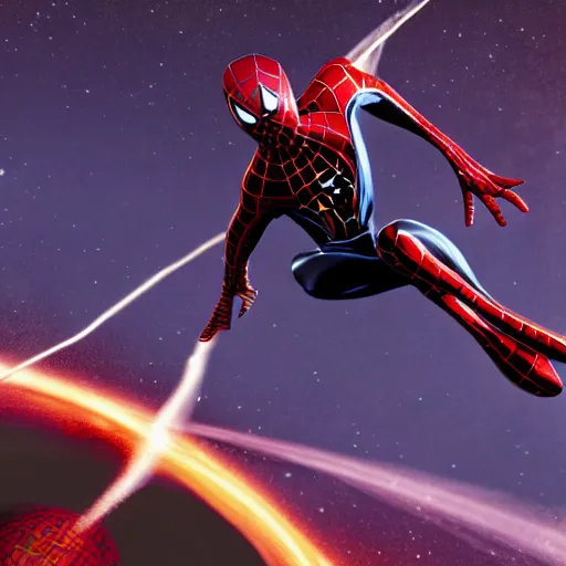 Image similar to miles morales spiderman swinging accross planets, detailed, photograph, 8 k