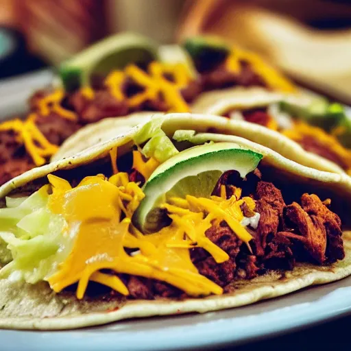 Image similar to close up high resolution photo of a taco, very tasty, lots of cheese, food photography, instagram, trending