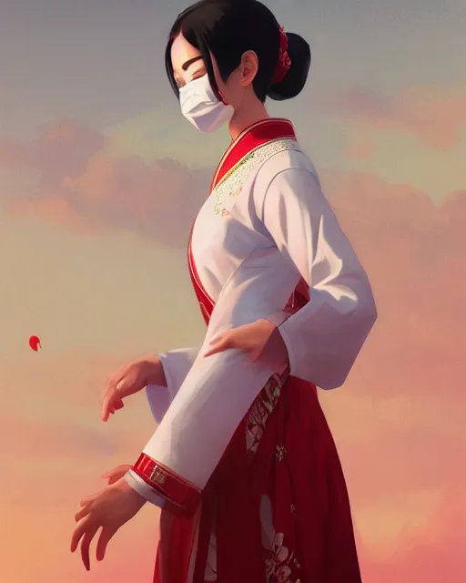 Image similar to asian female, white cloth mask wearing traditional ao dai, full moon on the sky, a ultra detailed beautiful panting by ilya kuvshinov, greg rutkowski and makoto shinkai, trending on artstation