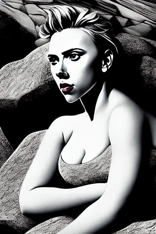 Image similar to portrait of scarlett johansson sitting with full face full figure on a rock near some ruins, in the style of expressionism, soft light, volumetric light, subsurface scattering, translucent skin, john singer sargent