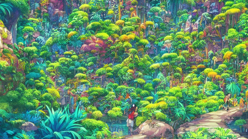 Prompt: detailed high quality landscape of oasis inside lush, vibrant jungle, detailed, hyperrealistic, landscape, colourful, anime style, in the style of studio ghibli