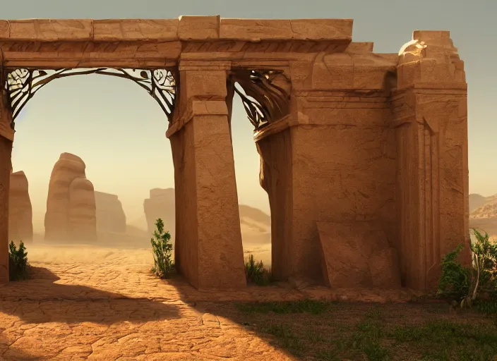 Prompt: A beautiful matte painting of a figure standing infront of a huge sandstone gate, sandstone pillars surrounding the gate, sand in the air, birds in the backgrounds, volumetric lighting, hyper-realistic, Unreal Engine, Vray, 4k, detailed, digital art, trending on Artstation