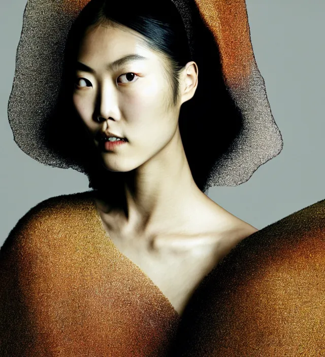 Image similar to photography facial portrait of liu wen, natural background, natural pose, wearing stunning cape by iris van herpen, with a colorfull makeup. highly detailed, skin grain detail, photography by paolo roversi, nick knight, helmut newton, avedon, araki