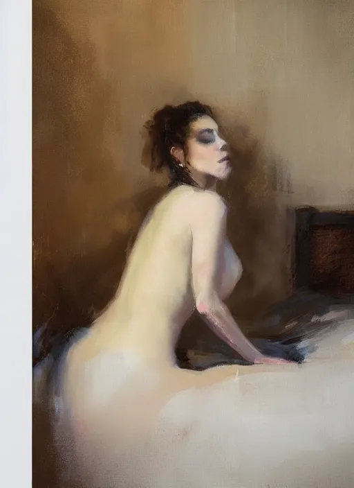 Image similar to portrait painting of a woman posing in an artistic over a bed, white satin sheets by jeremy mann, only one head single portrait