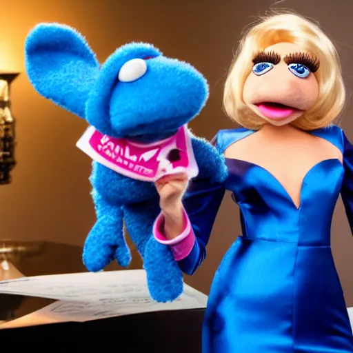 Image similar to beautiful cute blonde - haired blue - eyed female secret agent wearing silk - dress high - heels, lipstick as a muppet