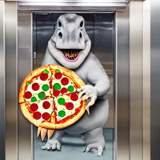 Prompt: a dinosaur with a pizza in an elevator