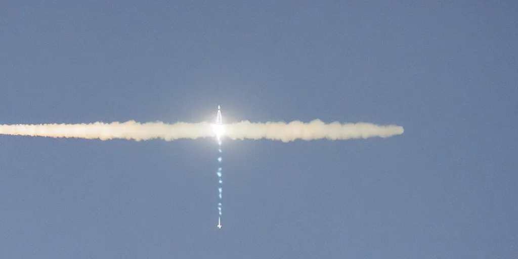 Image similar to A rocket missile with a text printed on it that says 'LX original' flying through the sky, leaving a white trail. Close up, cinematic