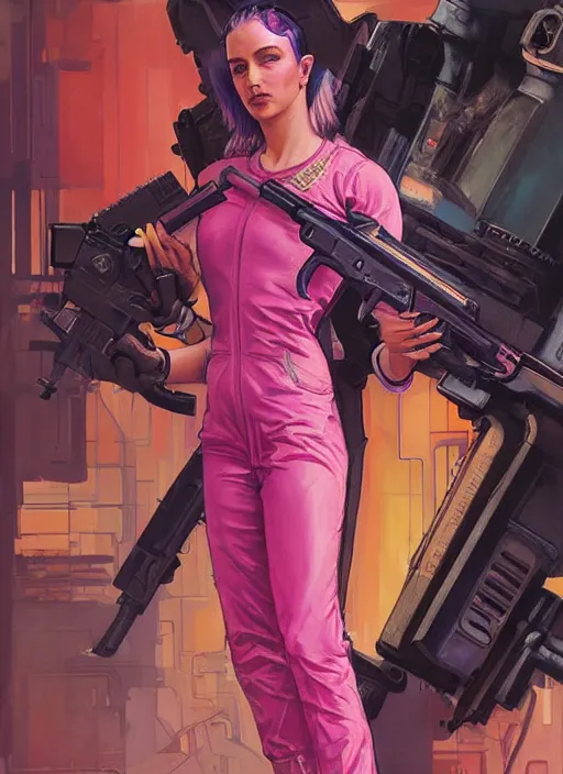 Image similar to beautiful cyberpunk female athlete in pink jumpsuit. lady firing a futuristic red automatic pistol with huge magazine. ad for pistol. cyberpunk poster by james gurney, azamat khairov, and alphonso mucha. artstationhq. gorgeous face. painting with vivid color, cell shading. ( rb 6 s, cyberpunk 2 0 7 7 )