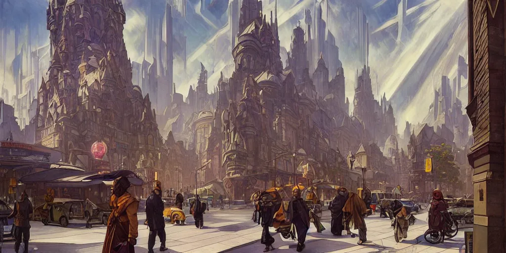 Prompt: a man-on-the-street photograph of a dwarven city with retrofuturist art deco architecture, the street is occupied by dwarves going to and from work, steampunk airships fly overhead, illustration, art by Artgerm and Greg Rutkowski and Alphonse Mucha
