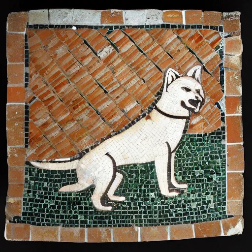 Prompt: an ancient roman tile mosaic depicting a shiba inu in a toga, a detailed masterpiece