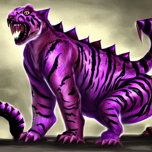 Image similar to violet crocodile tiger hybrid monster, fantasy game art, fantasy rpg, league of legends