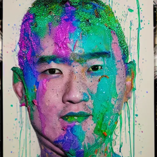 Prompt: a portrait of byron li composed of flecks of paint lush & immense density long strands of drips in all directions splatters of mixed pigments with solid color inside.