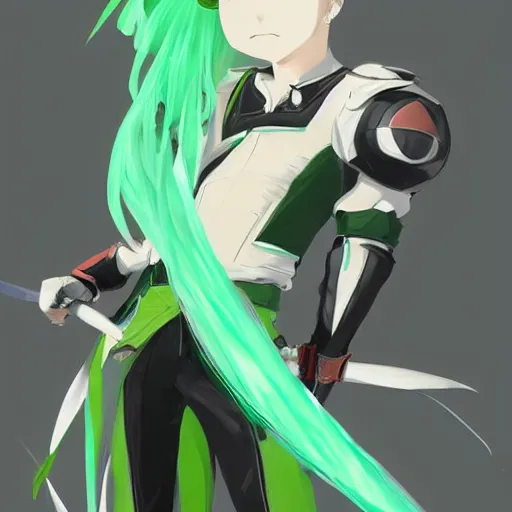 Image similar to anime fencer, green hair, male, character design, artstation, illustration