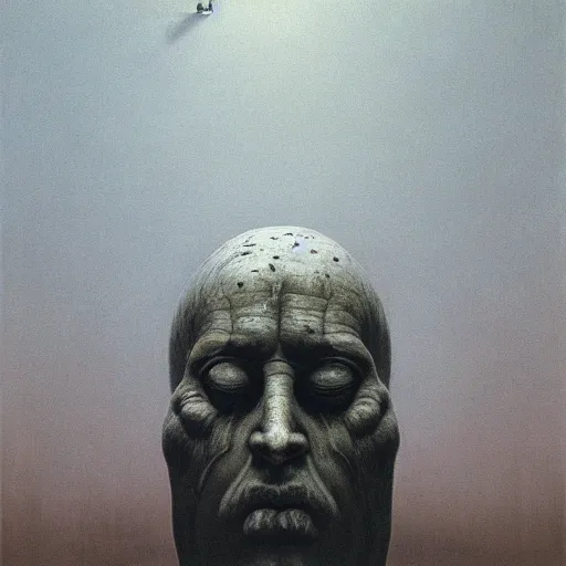 Image similar to the ego separates by zdzisław beksinski, oil on canvas, giant head statue ruins