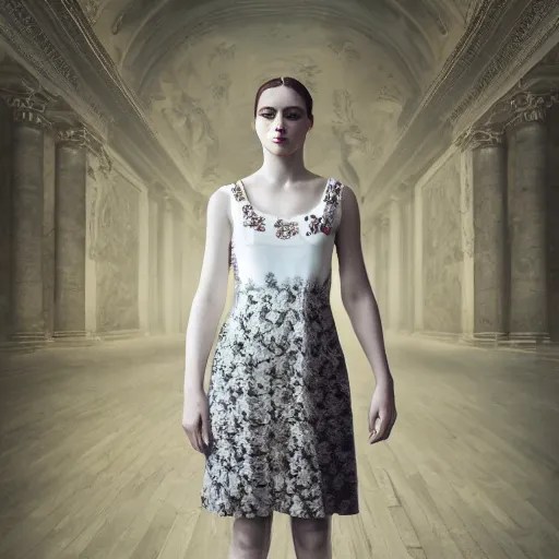 Prompt: Young lady full length shot wearing valentino resort simple sleeveless dress pale grey and white flowers in the style of baroque cyberpunk oil painting standing inside lourve, 8K, background renaissance paintings with gold