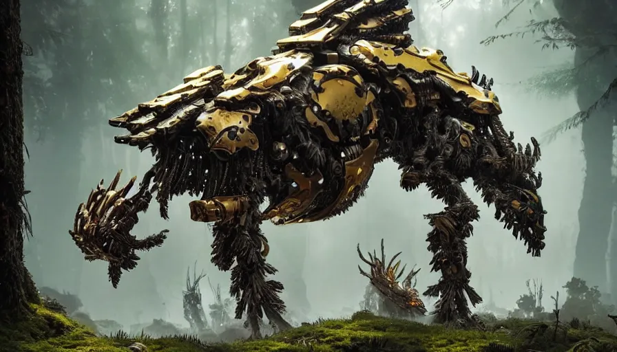 Prompt: walking animal mech covered in gold and silver armor with horizon zero dawn and elden ring aesthetic, covered in moss and birds, glowing lights, beautiful forests and trees, intricate detail, cinematic, dramatic lighting, art by darek zabrocki and John Park and Feng Zhu and Jason Chan, trending on artstation, masterpiece.