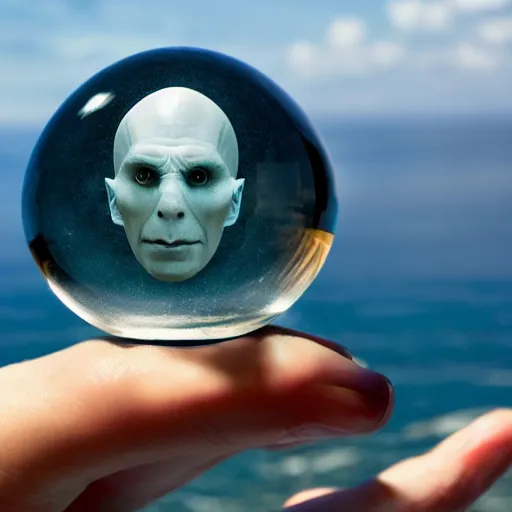 Prompt: a floating crystal ball full of lord voldemort. above an ocean view.