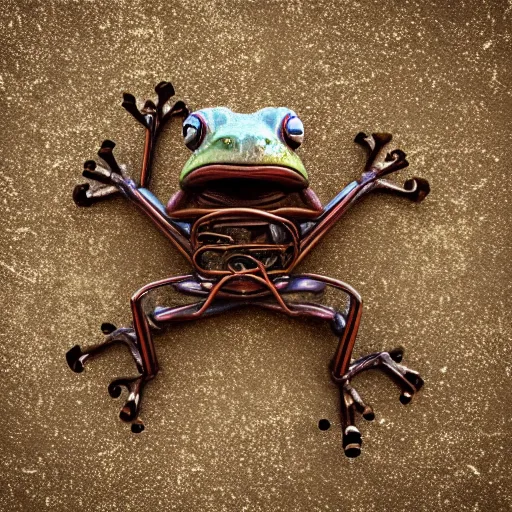 Image similar to frog made out of rusty gear, octane render