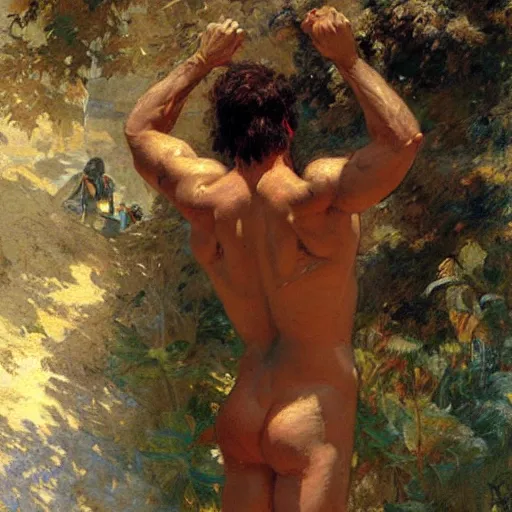 Prompt: a man with an shredded, toned, inverted triangle body type, painting by Gaston Bussiere, Craig Mullins