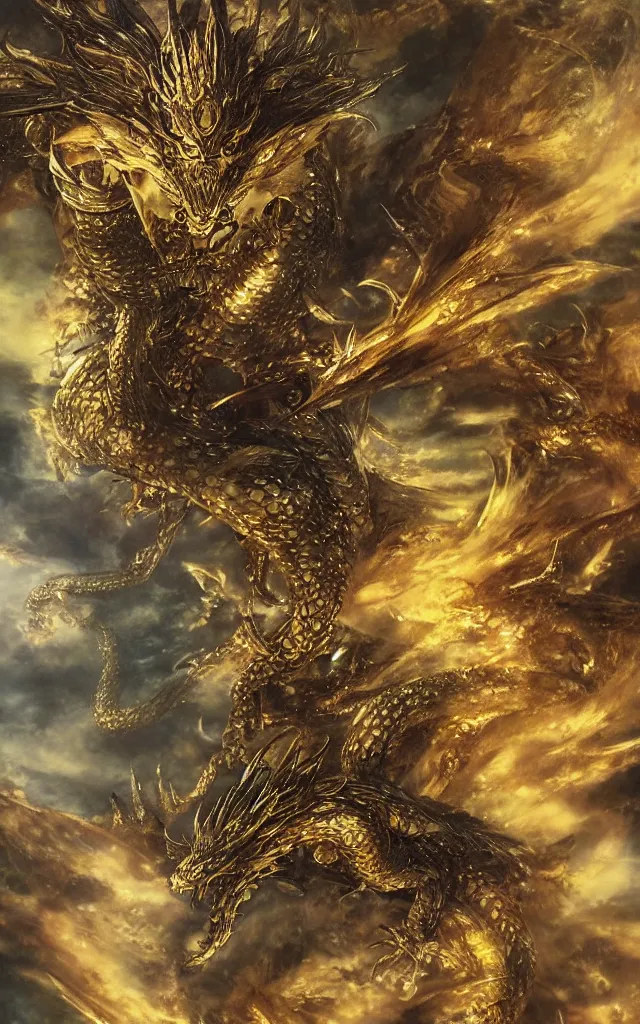 Image similar to by yoshitaka amano golden dragon, epic, legendary, cinematic composition, stunning atmosphere by yoshitaka amano
