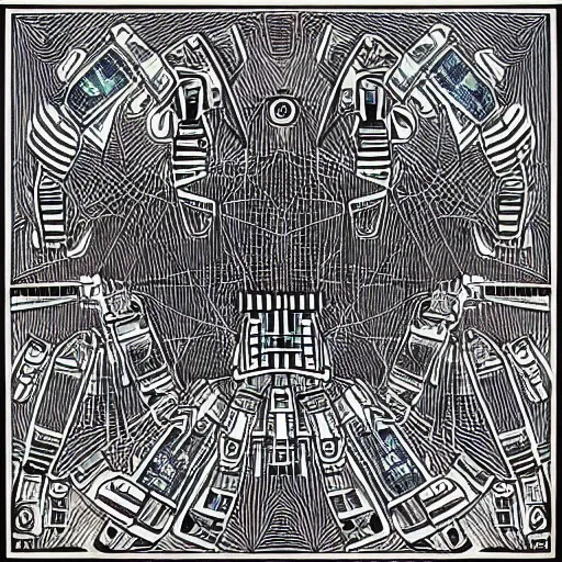 Image similar to “geometrically incomprehensible surreal order of robot world, extremely high detail, photorealistic, intricate line drawings, dotart, album art in the style of James Jean”