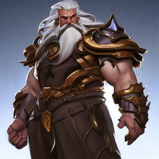 Image similar to high fantasy character portrait of a huge muscular tall giant Reinhardt from Overwatch, long white hair and beard, intricate, wild, highly detailed, digital painting, artstation, upper body, concept art, smooth, sharp focus, illustration, art by artgerm and greg rutkowski and alphonse mucha