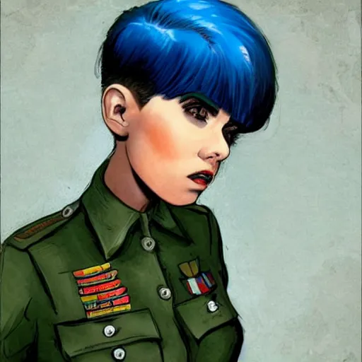 Image similar to girl in military uniform with short blue hair and sharp haircut in the style of Enki Bilal