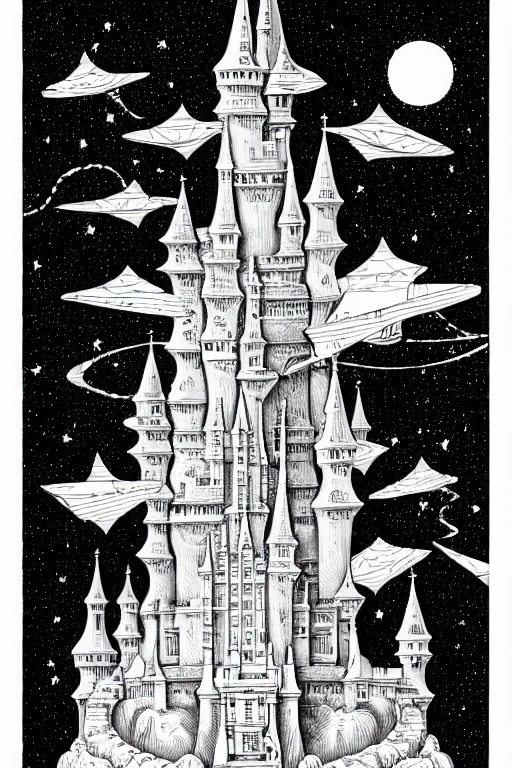 Prompt: a line drawing of a flying science fiction castle joe fenton, trending on artstation, realistic rendering