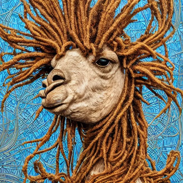 Image similar to llama with dreadlocks, detailed, by ernst haeckel, james jean, el anatsui, mandy jurgens