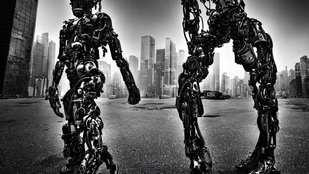 Prompt: Award winning photography of a cyberpunk bionic cyborg by David Yarrow