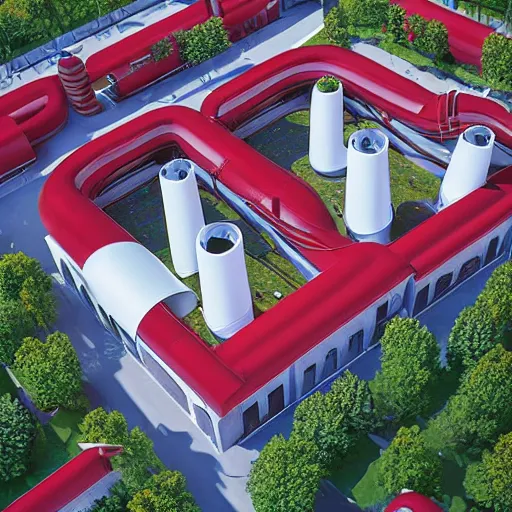 Image similar to “beautiful extreme high-tech factory building with trees sprouting from its high white and red chimneys with pipes shaped like a poset diagram, rendered in octane 3d high resolution, digital art, ultra realistic, ultra detailed, masterpiece”