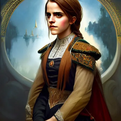 Image similar to emma watson portrait of ottoman sultan gog, female, clear face, symetrical, masculine, full body, 4 k, fantasy, intricate, elegant, highly detailed, digital painting, artstation, concept art, matte, sharp focus, illustration, art by artgerm and greg rutkowski and alphonse mucha