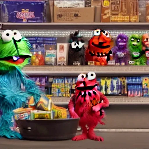 Prompt: Evil dark crime Sesame Street Muppets rob a convenience store on the main street