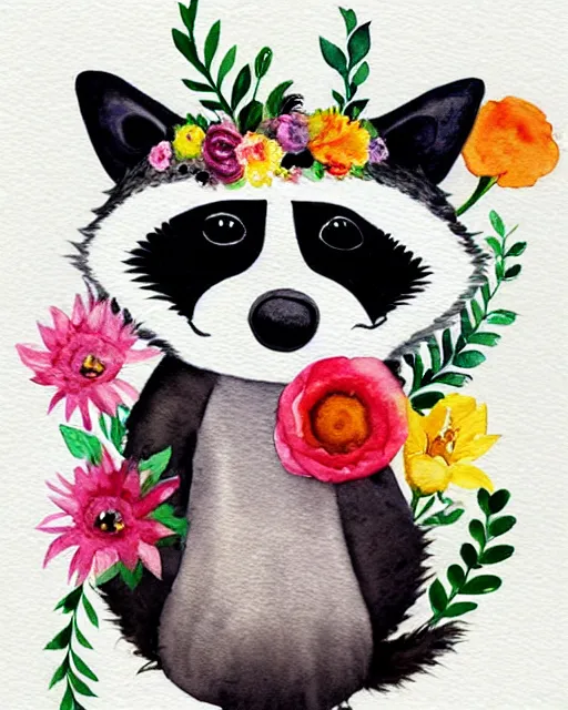 Image similar to a painting of a smiling anthropomorphic raccoon wearing a flower crown, a watercolor painting by annabel kidston, a storybook illustration, trending on pinterest, rococo, muted colors, soft colors, low saturation, smooth, made of flowers, watercolor, intricate, whimsical, white paper, minimalist, simple