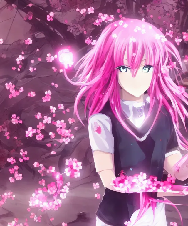 Image similar to anime girl with light pink hair with pink flames, video game, cherry blossoms, neo tokyo, symmetrical,