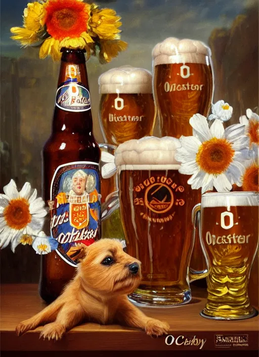 Prompt: octoberfest poster, beer glasses, strudels surrounded by flowers and norwich terriers, realistic, highly detailed, digital illustration, trending in artstation, classical painting, smooth, sharp focus art by ilya repin