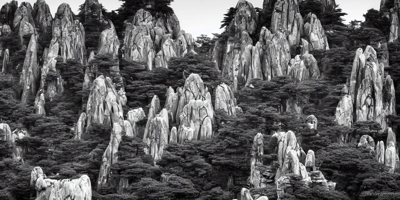 Image similar to the taoist temples of huangshan, masterpiece by ansel adams