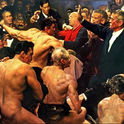 Prompt: action scene of political debate, oil painting by frank frazetta and norman rockwell, cinematic, hyperreal, intense, highly textured, wide angle, insanely detailed, god rays, 3 5 mm, shallow depth of field
