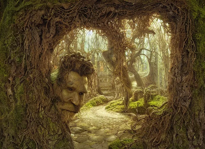 Image similar to jim henson's labyrinth. two doors. a carved stone overgrown with moss. an old door made of wood and rusty metal. by edgar maxence and caravaggio and michael whelan and delacroix style, artistic, intricate painting, cinematic lighting, hyper realistic, extremely detailed, 8 k resolution, establishing shot, dramatic lighting