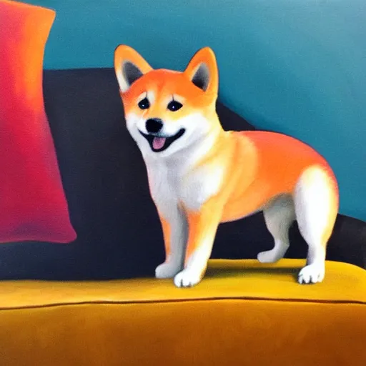 Image similar to oil painting of a cute shiba inu sitting on a couch and smiling
