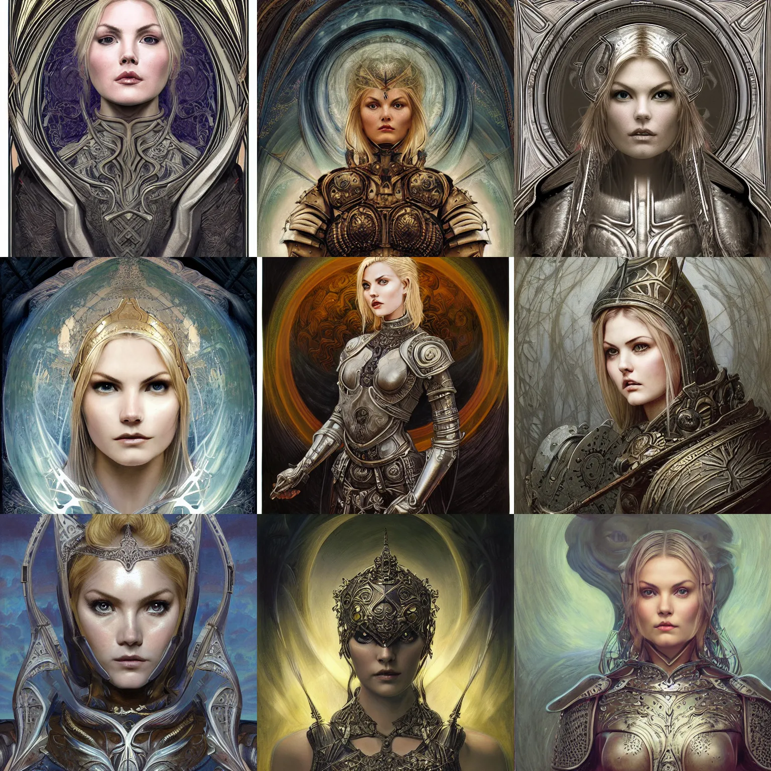 Prompt: masterpiece head-on symmetrical centered portrait, Elisha Cuthbert as a D&D paladin warrior, wearing steel plate armour covering chest, blonde hair, masterpiece fractal art nouveau background, elegant, distant, gothic, medieval, in the style of Edgar Maxence and Ross Tran and Zdzisław Beksiński and Gustave Doré and H.R. Giger and Mucha, specular highlights, 8k, octane render