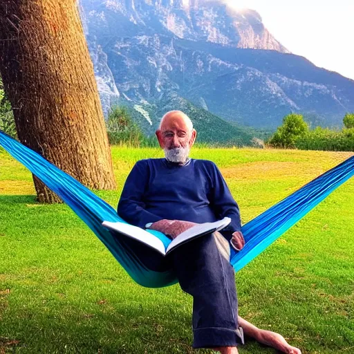 Prompt: my older italian wise friend on a hammock, reading the book about love, face iluminated by new knowledge, mountains in a background