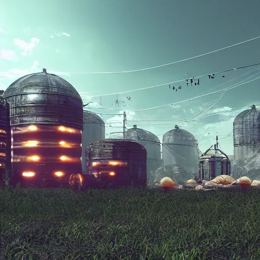 Image similar to fully detailed landscape of a cyberpunk farm , watertank, futuristic tractors, farmhouse, mushroom, overgrowth, Ai , in the future, high quality, 8k , octane render