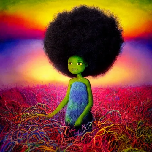 Image similar to a black girl with big cute! eyes and a colorful afro dancing in a filed of candy at sunset, bright colors, watercolor, volumetric wool felting, felt, macro photography, children illustration, global illumination, radiant light, detailed and intricate environment, by goro fujita, psychedelic surreal portrait, bokeh!!!!