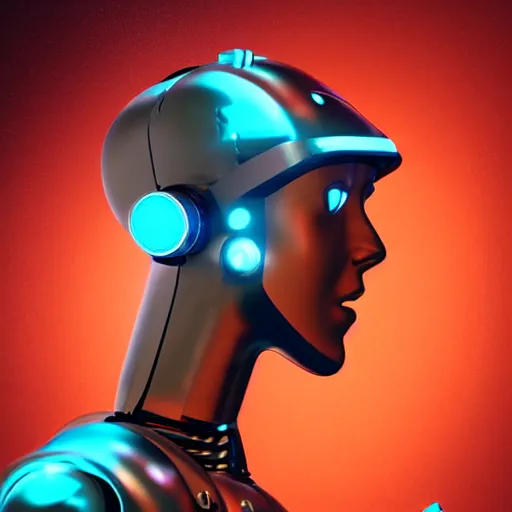 Image similar to retro vintage sci - fi, hollywood, cyborg robot wearing vr headset, 3 d illutration, profile portrait, night, detailed, cyberpunk style,