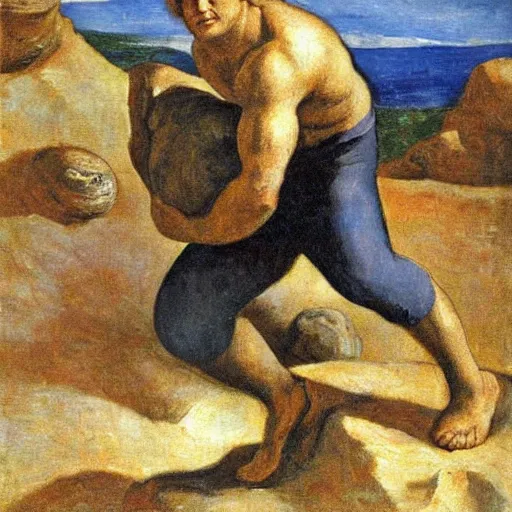 Image similar to a painting of benjamin netanyahu as sisyphus, carrying boulder on shoulders, by franz stuck