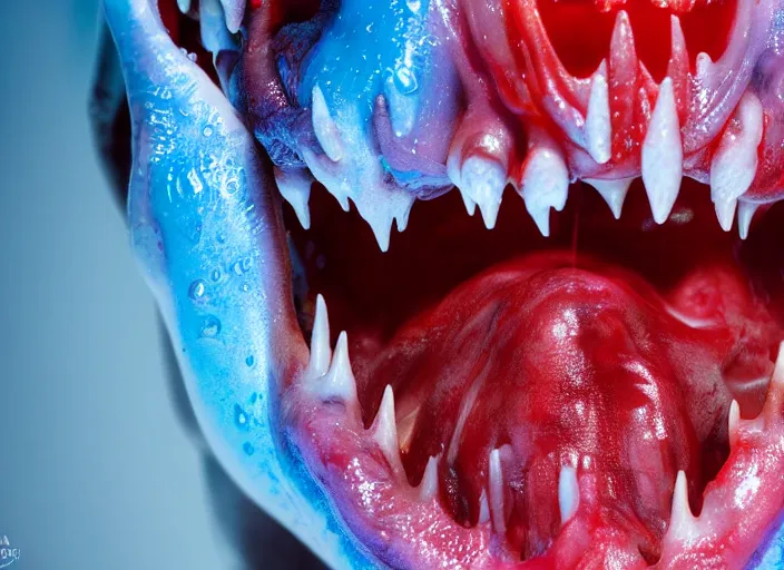 Prompt: a giant slimy creepy monster, very long slimy tongue, dripping saliva, mouth inside a mouth, macro photo, many long wet tongues, translucent skin, fangs, red glowing veins, thin blue arteries, cinematic colors, standing in shallow water, insanely detailed 8 k artistic photography, dramatic lighting