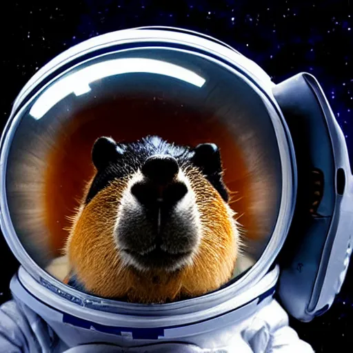 Prompt: a cute capybara wearing a space suit. dramatic lighting.