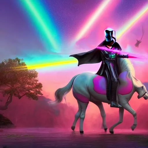 Image similar to beautiful matte painting, rainbow colored pink pink darth vader wearing pink wearing pink, riding a unicorn, riding a unicorn, riding a unicorn over a glittering rainbow in space by lisa frank and dan mumford, octane render, HDR, vivid color, volumetric lighting, unreal engine, concept art, CGsociety, trending on artstation